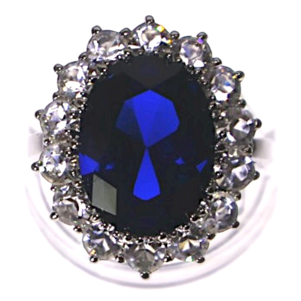 Swarovski Crystal Blue Oval Halo Cocktail Ring Sterling Silver Overlay Size 8